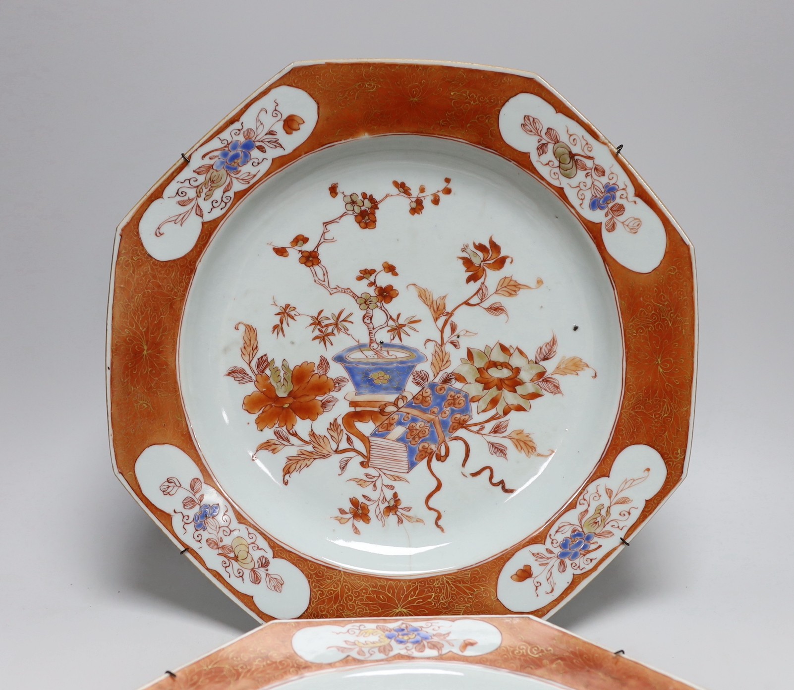 A pair of Chinese rouge de fer and blue enamelled octagonal dishes, early Qianlong period, c.1740, 32.5cm